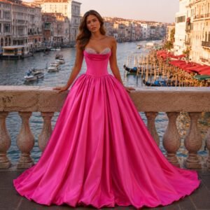 Fuchsia Satin Sweetheart Ball Gown with Crystal Embellished Bodice