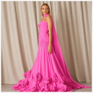 Fuchsia Strapless Pleated A-Line Prom Gown with Floral Hem Cape