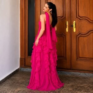 Fuchsia Strapless Ruffle A-Line Prom Gown with Matching Scarf
