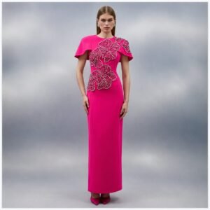 Hot Pink Crystal Beaded Cape Sleeve Evening Gown