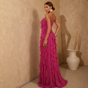 Hot Pink Layered Chiffon Strapless Evening Gown