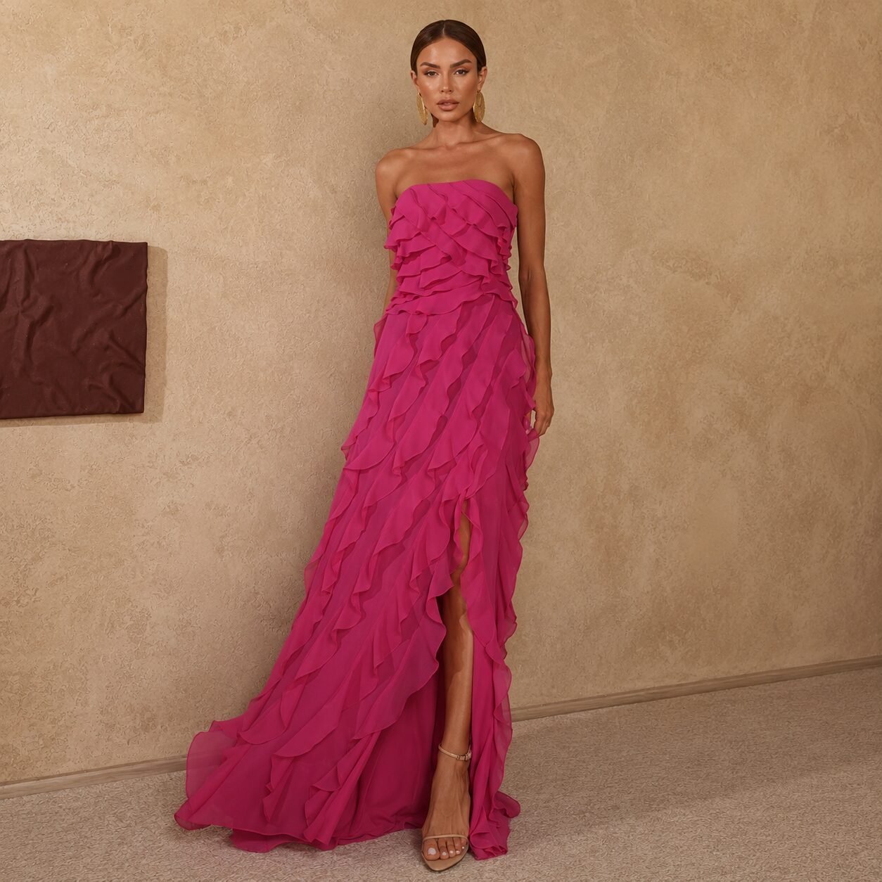 Hot Pink Layered Chiffon Strapless Evening Gown - Image 2