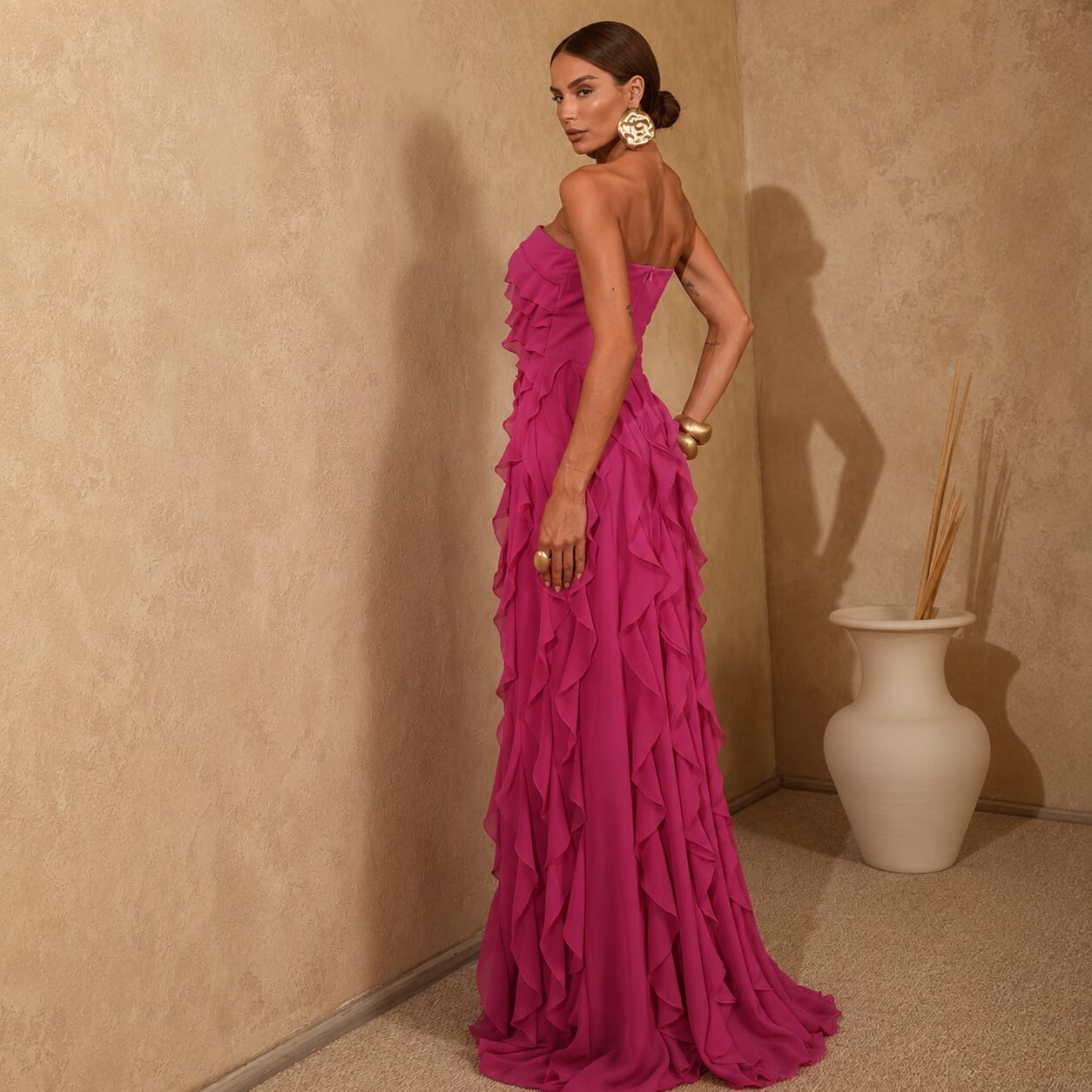 Hot Pink Layered Chiffon Strapless Evening Gown