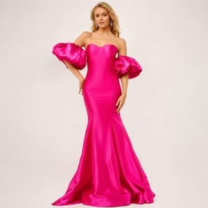 Hot Pink Mermaid Gown with Dramatic Puff Sleeves