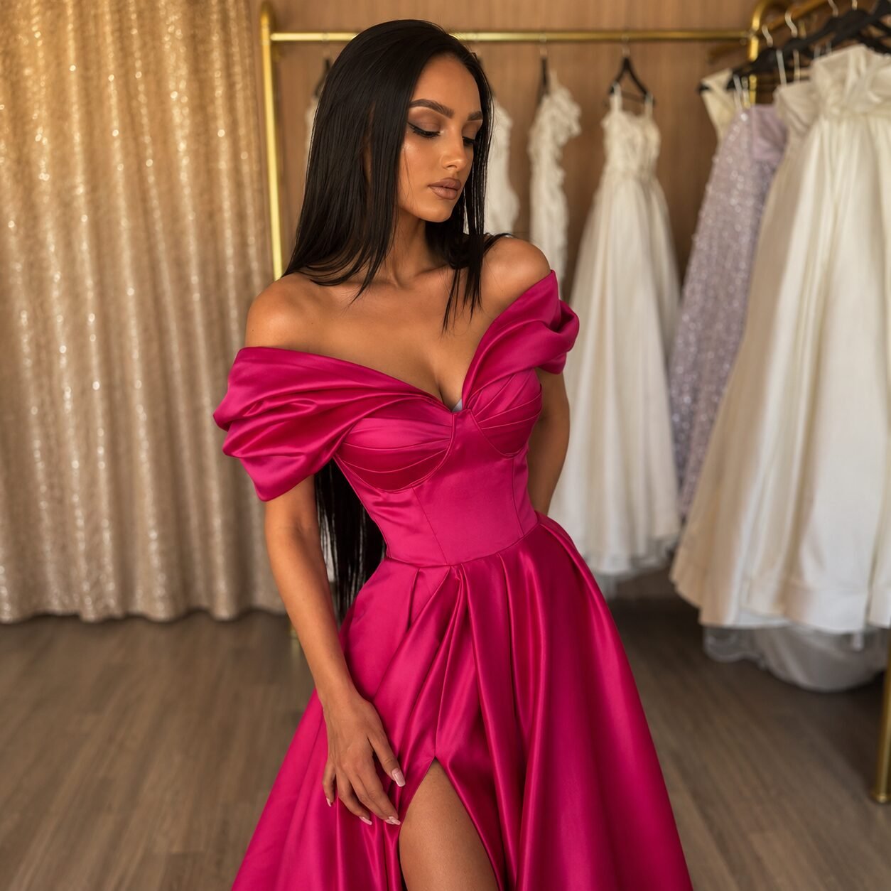Hot Pink Off Shoulder Satin Prom Dress with Side Slit