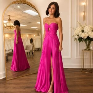 Hot Pink Pleated A-Line Prom Dress with Side Slit