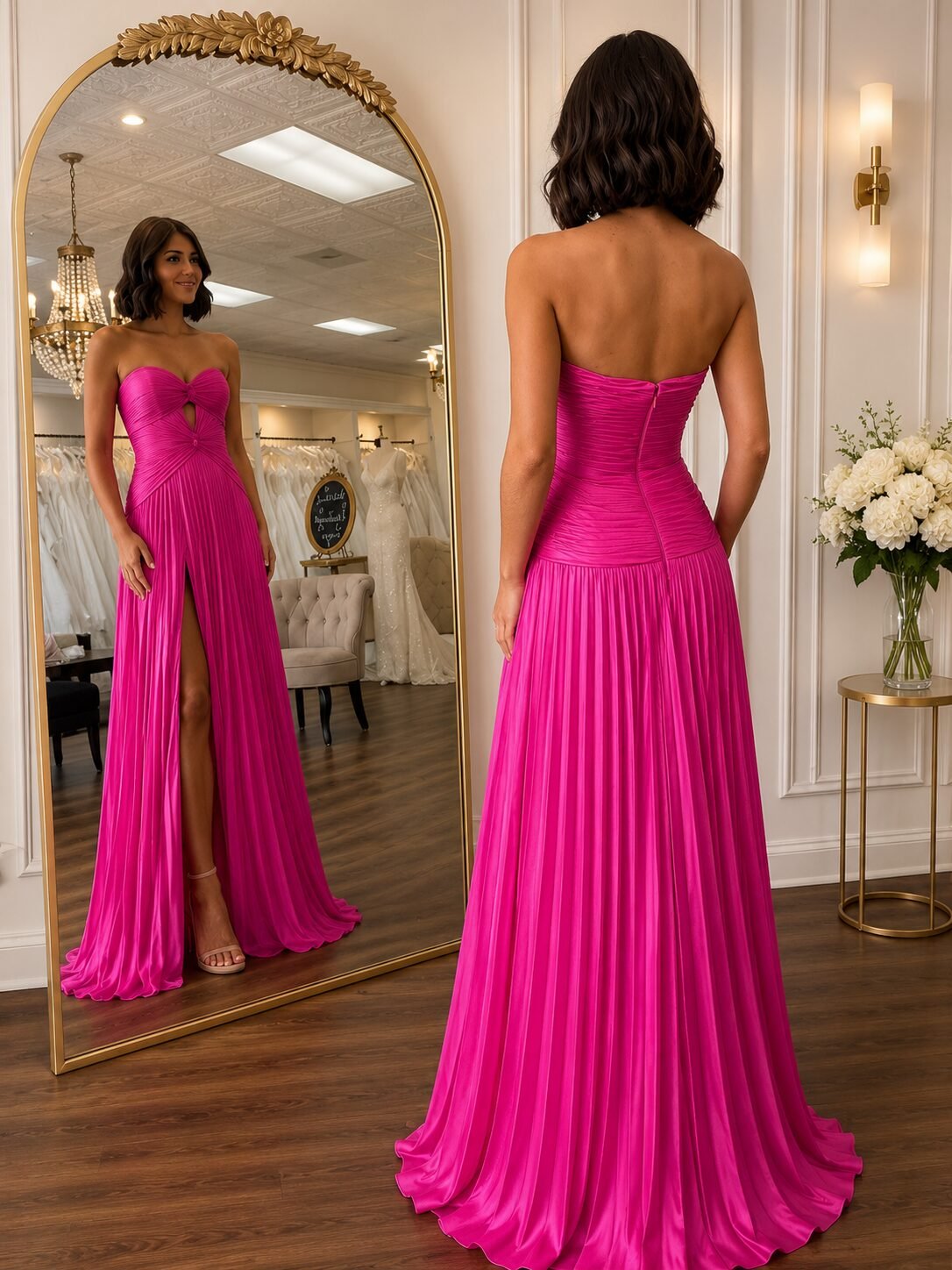 Hot Pink Pleated A-Line Prom Dress with Side Slit