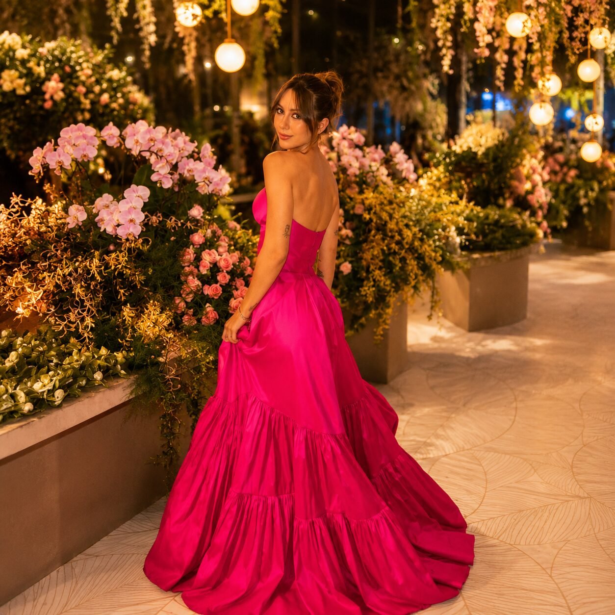 Hot Pink Tiered Satin Ball Gown with Sweetheart Neckline