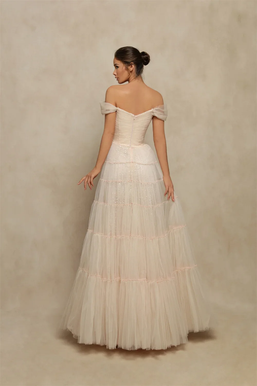 Pink Off-Shoulder Tulle A-Line Evening Gown