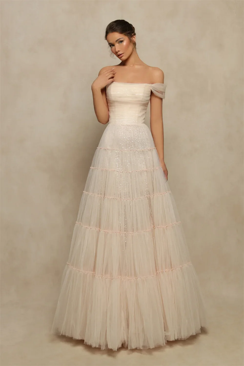 Pink Off-Shoulder Tulle A-Line Evening Gown