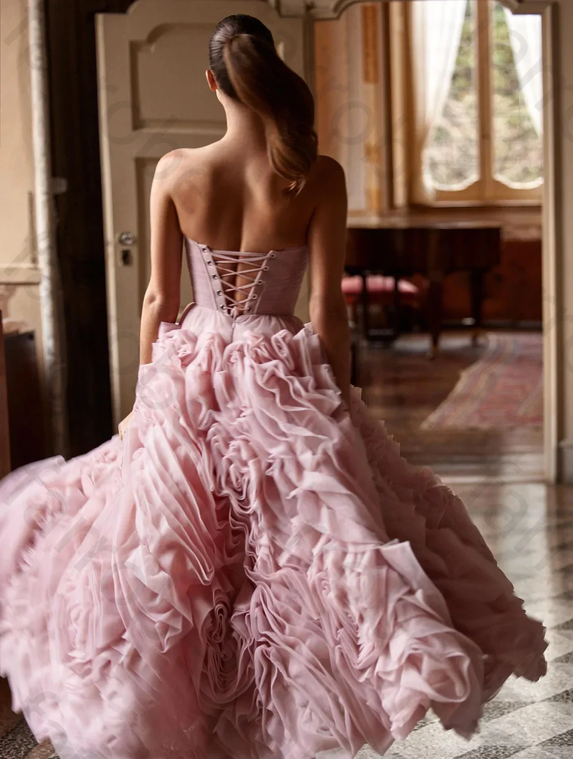 Pink Strapless Tiered Chiffon Ball Gown - Image 4