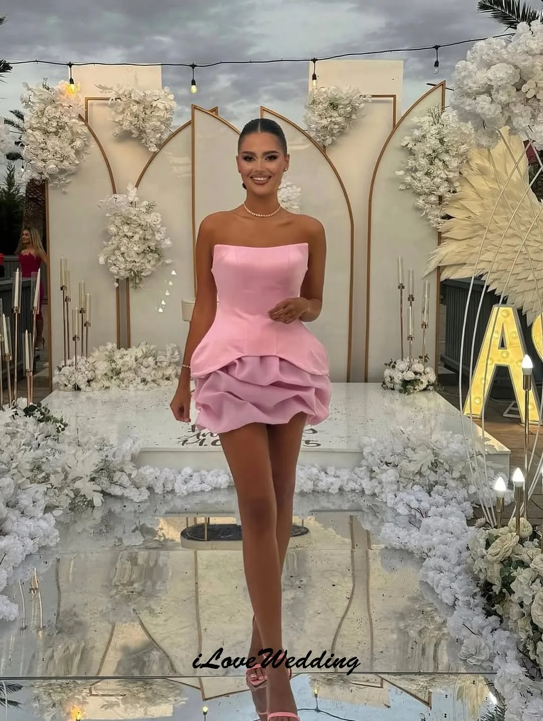 Pink Strapless Satin A-Line Homecoming Dress - Image 4