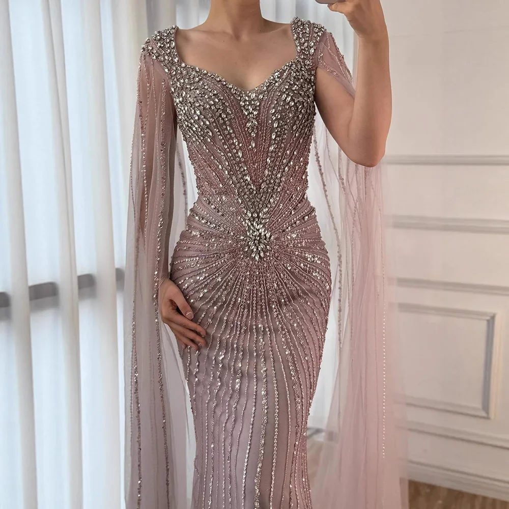 Pink Beaded Cape Sleeve Mermaid Evening Gown - Image 3