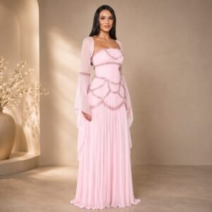 Pink Appliqué Maxi Dress with Detachable Sleeves