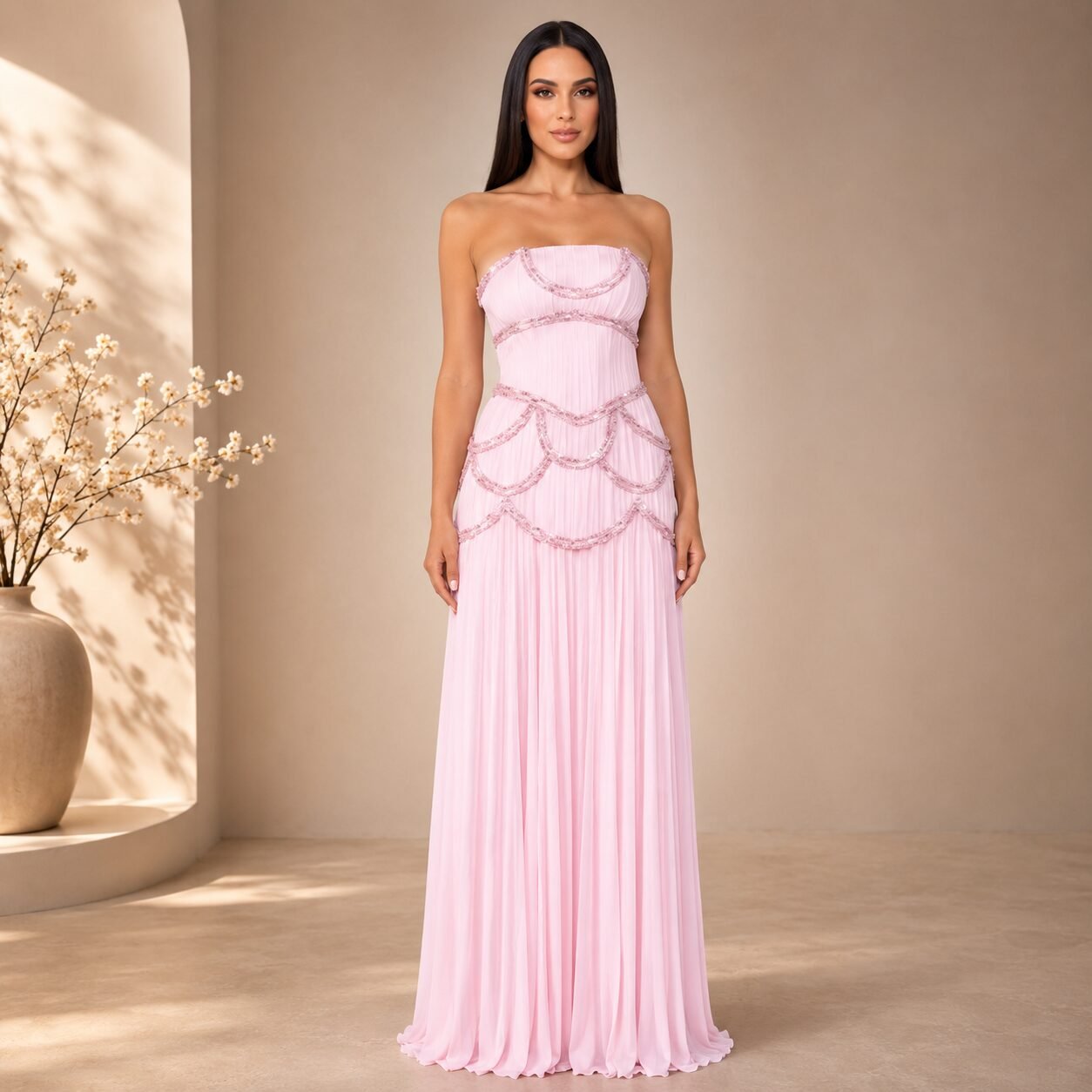 Pink Appliqué Maxi Dress with Detachable Sleeves - Image 2