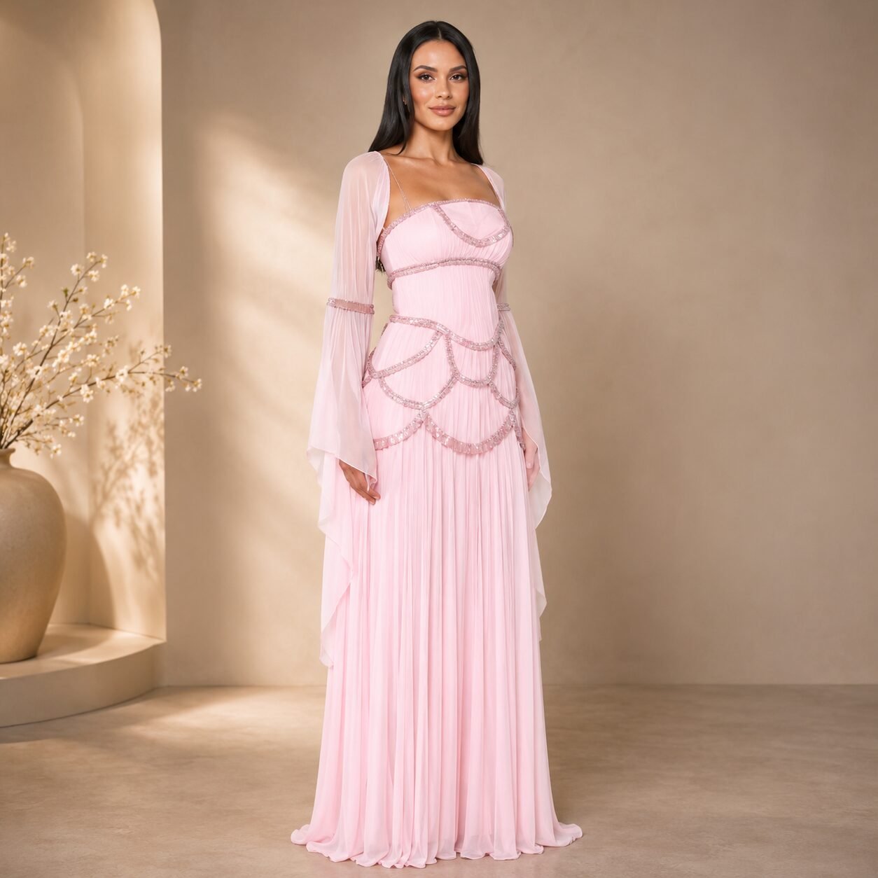 Pink Appliqué Maxi Dress with Detachable Sleeves