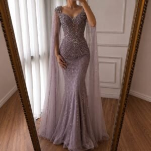 Pink Beaded Cape Sleeve Mermaid Evening Gown