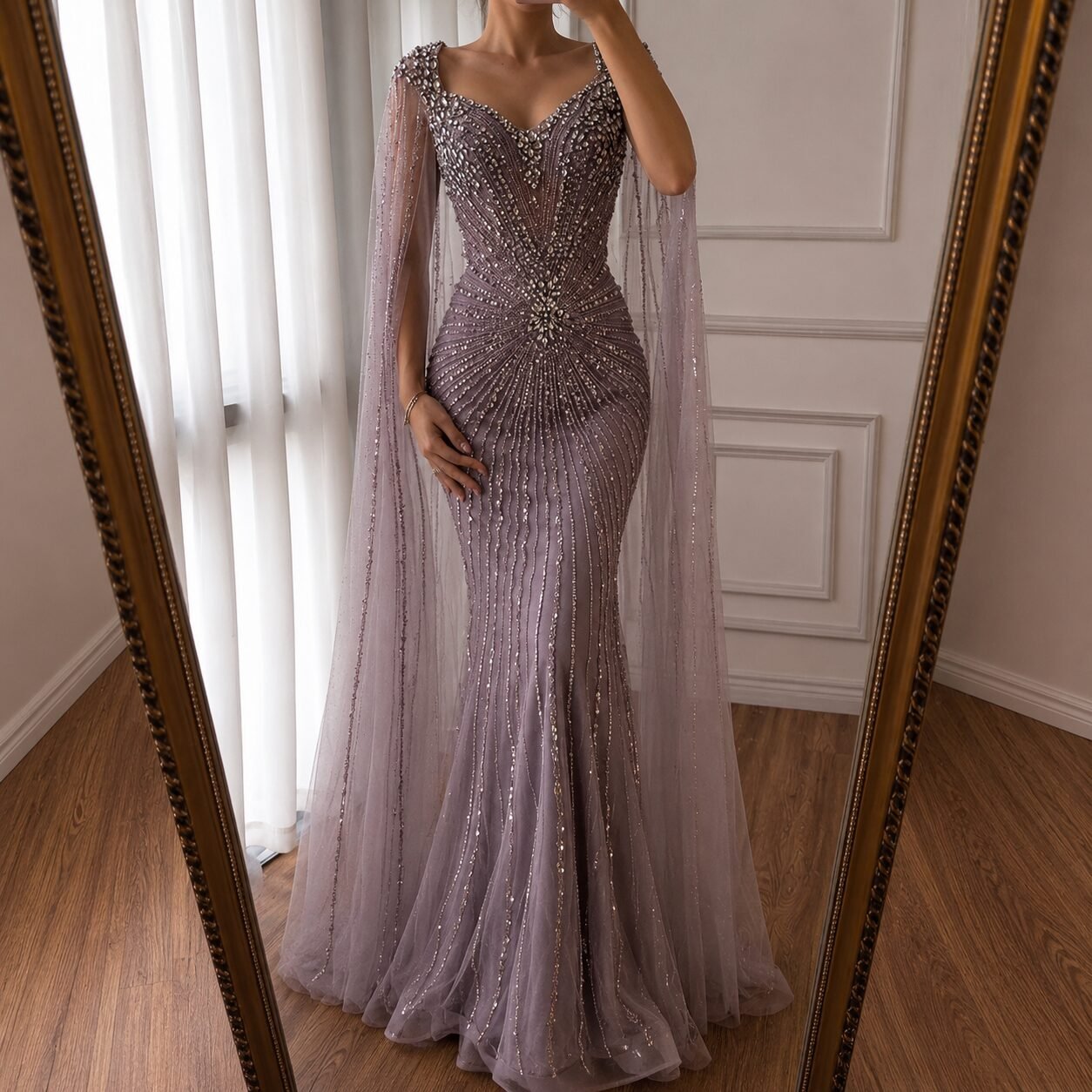 Pink Beaded Cape Sleeve Mermaid Evening Gown
