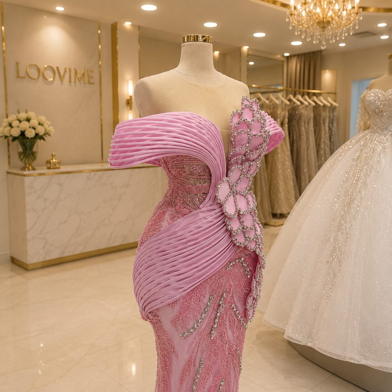 Pink Crystal Mermaid Gown with Sculpted Floral Bodice