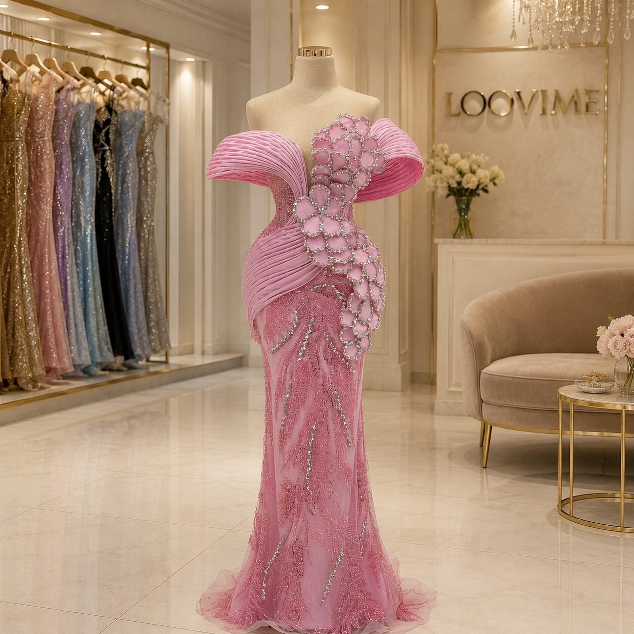 Pink Crystal Mermaid Gown with Sculpted Floral Bodice