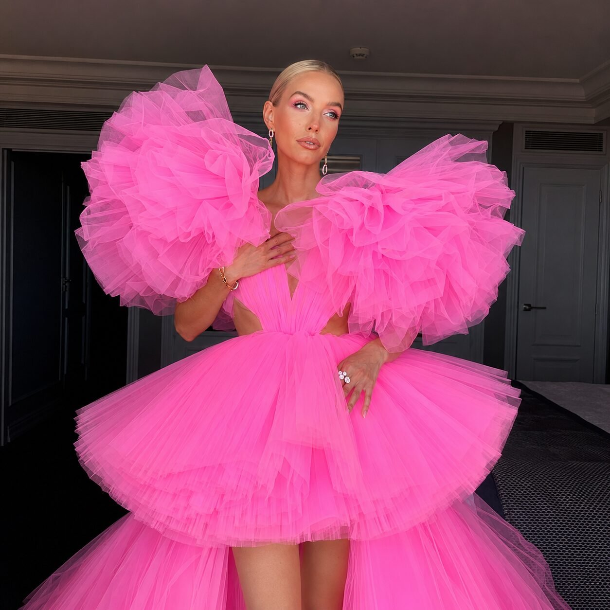 Pink Deep V-Neck High-Low Tiered Tulle Prom Dress - Image 2