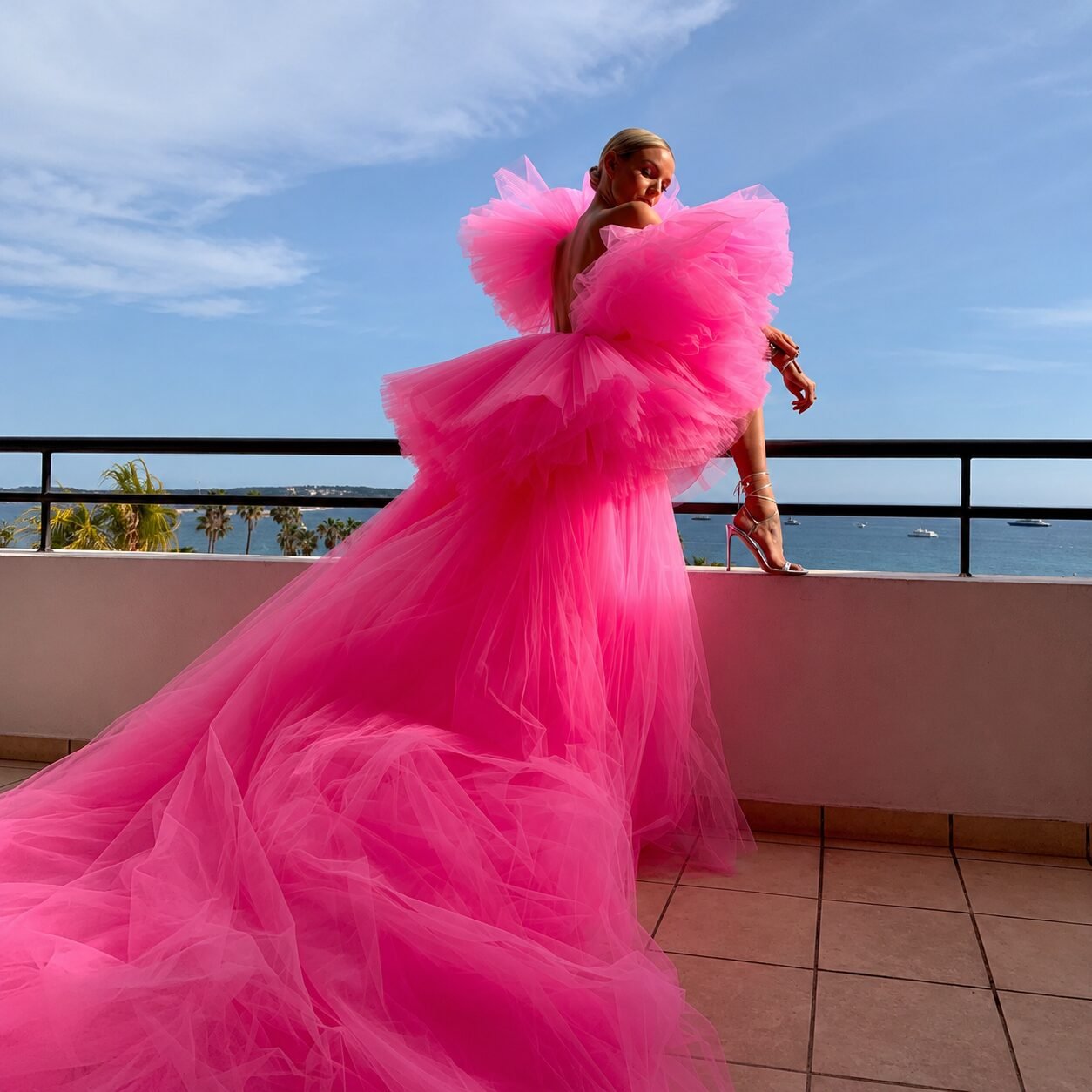 Pink Deep V-Neck High-Low Tiered Tulle Prom Dress
