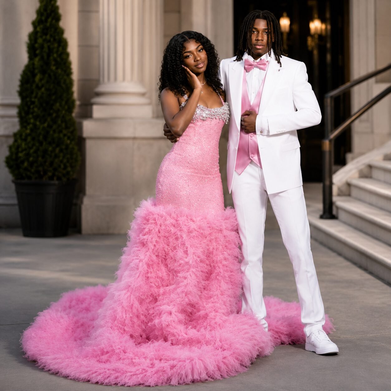 Pink Diamond Mermaid Tulle Prom Dress