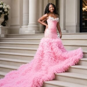 Pink Diamond Mermaid Tulle Prom Dress