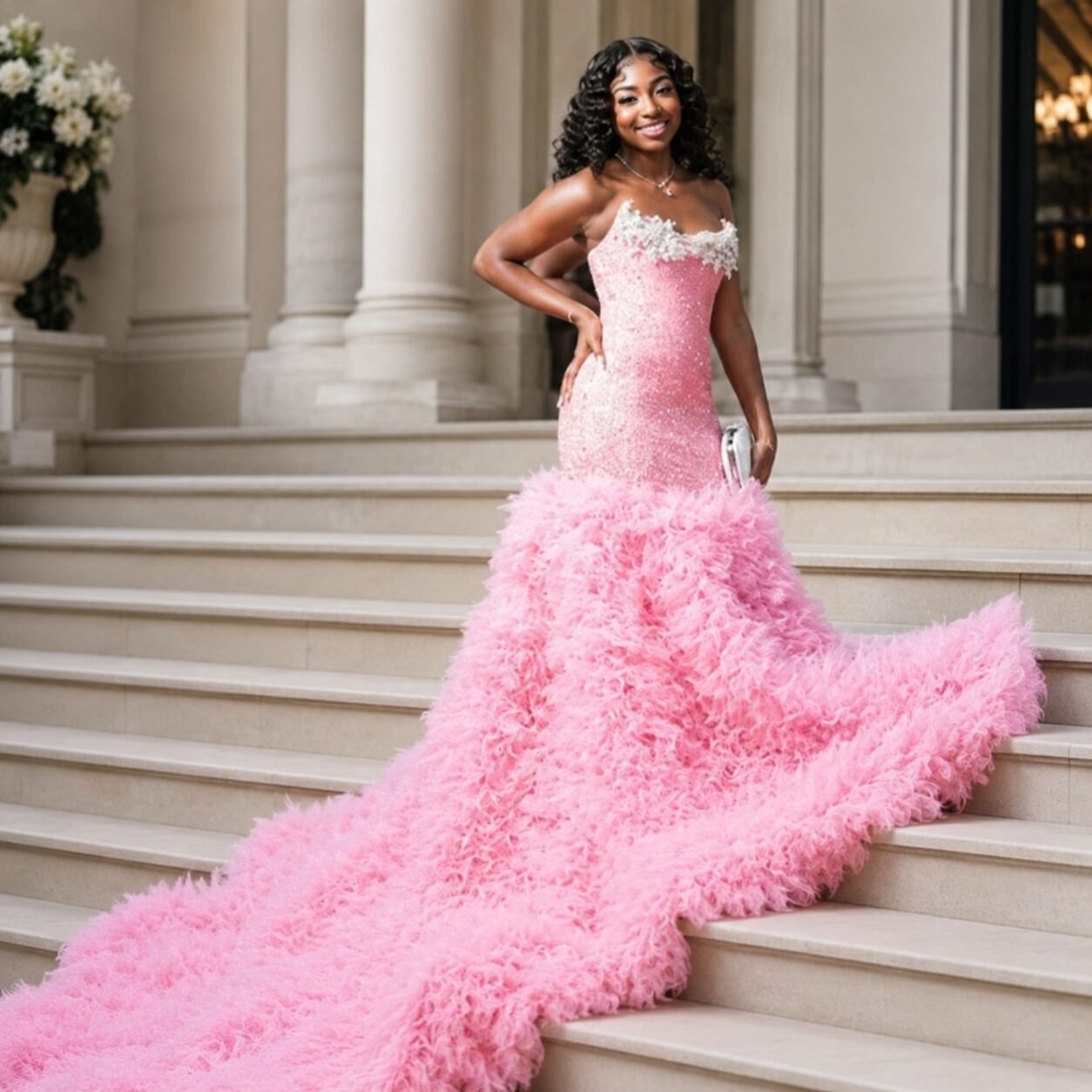 Pink Diamond Mermaid Tulle Prom Dress