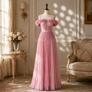 Blush Pink Floral Off-Shoulder Pleated Chiffon Evening Gown