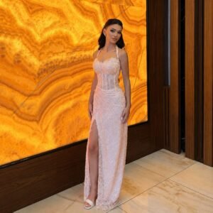 Pink Halter Lace Mermaid Prom Dress with High Slit