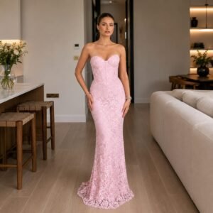 Pink Lace Appliqué Mermaid Sweetheart Prom Dress