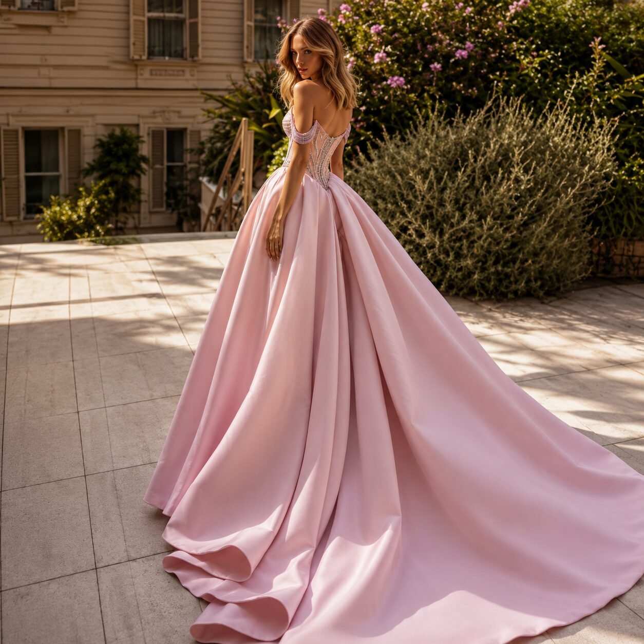 Pink Off-Shoulder Beaded Corset Satin A-Line Prom Dress