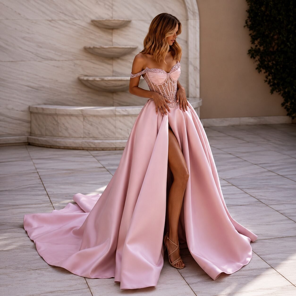 Pink Off-Shoulder Beaded Corset Satin A-Line Prom Dress