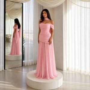 Pink Off-Shoulder Chiffon A-Line Evening Gown