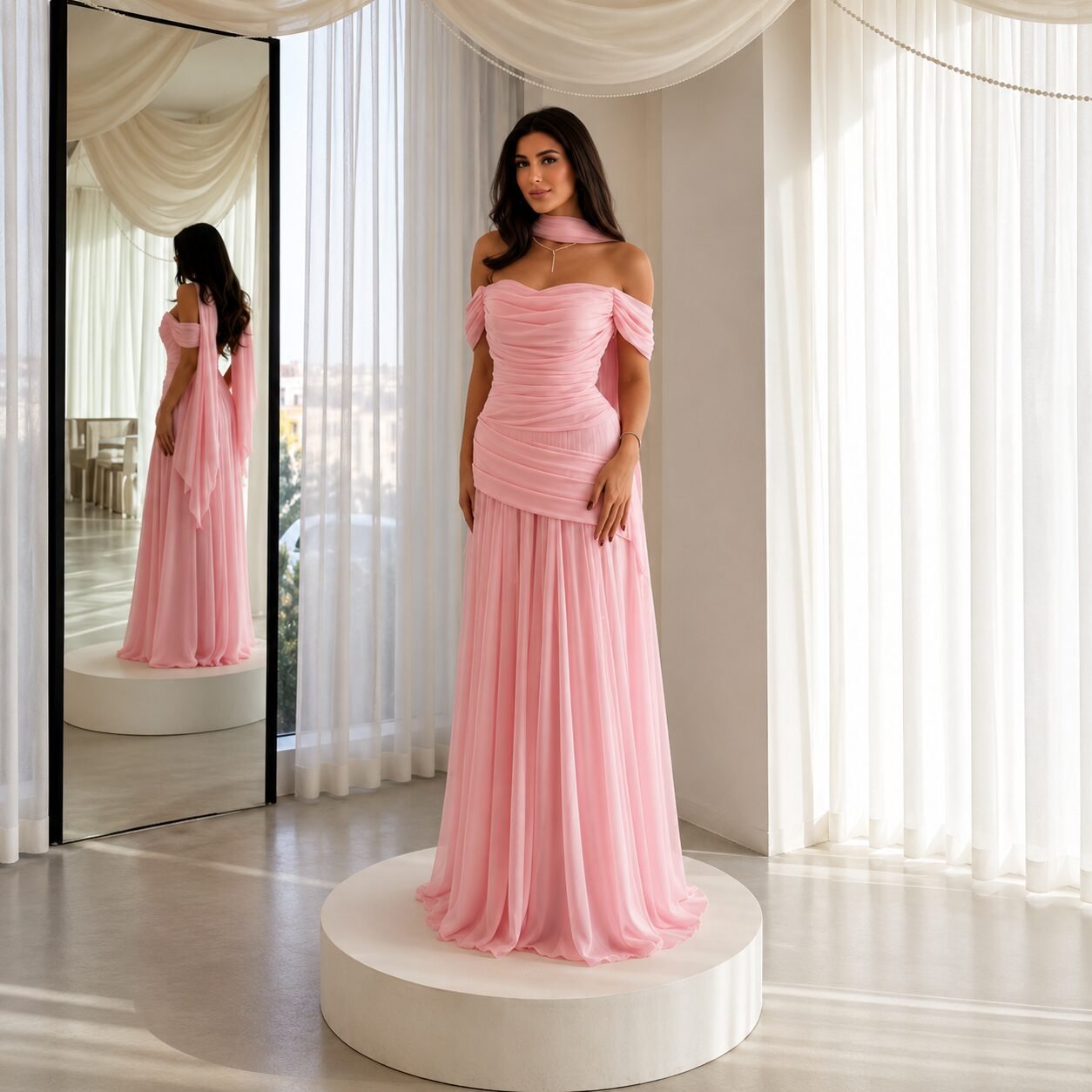 Pink Off-Shoulder Chiffon A-Line Evening Gown