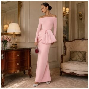 Blush Pink Off-Shoulder Column Evening Dress with Statement Waist Bow
