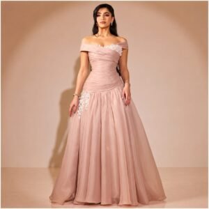 Pink Off-Shoulder Sequin Mermaid Evening Dress with Feather Bow