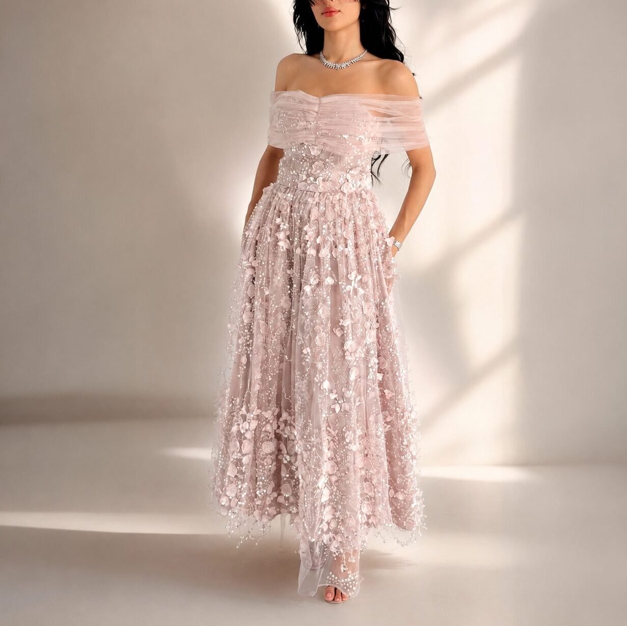 Pink Off-Shoulder Sequin Tulle Midi Homecoming Dress