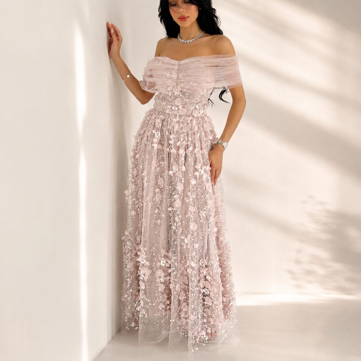 Pink Off-Shoulder Sequin Tulle Midi Homecoming Dress - Image 2