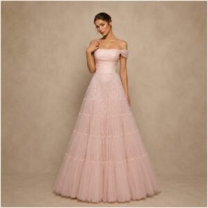 Pink Off-Shoulder Tulle A-Line Evening Gown