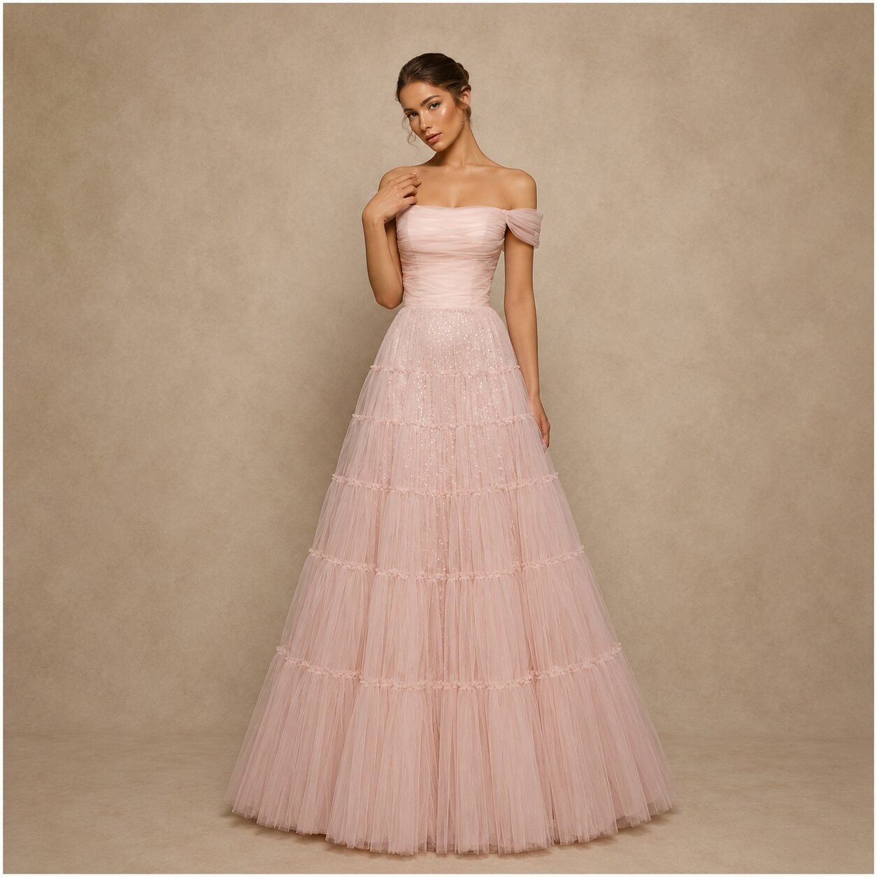Pink Off-Shoulder Tulle A-Line Evening Gown