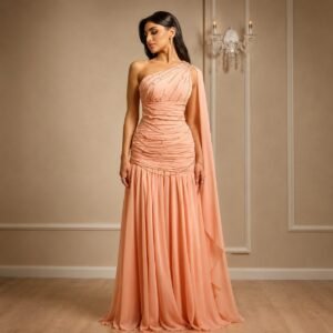 Pink One-Shoulder Pearl Pleated A-Line Prom Dress