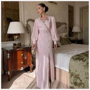 Blush Pink Rhinestone Collar Long Sleeve Evening Gown with Belt