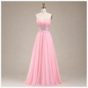 Pink Sweetheart Sequin Appliqué A-Line Prom Gown with Spaghetti Straps