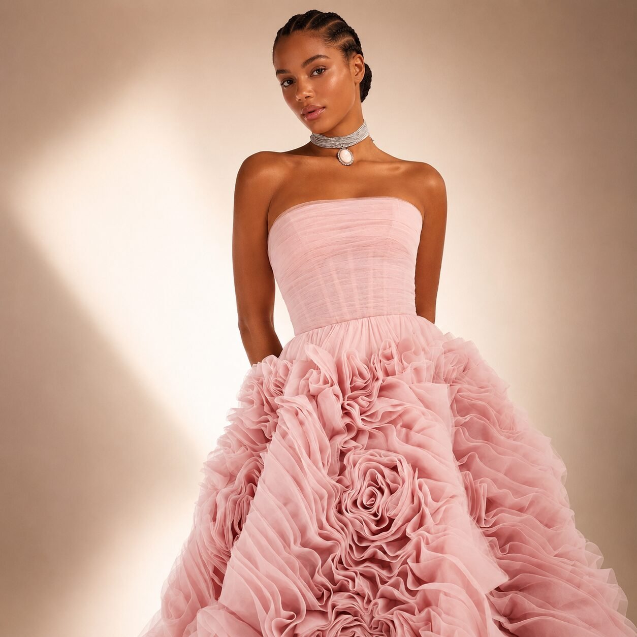 Pink Strapless Tiered Chiffon Ball Gown