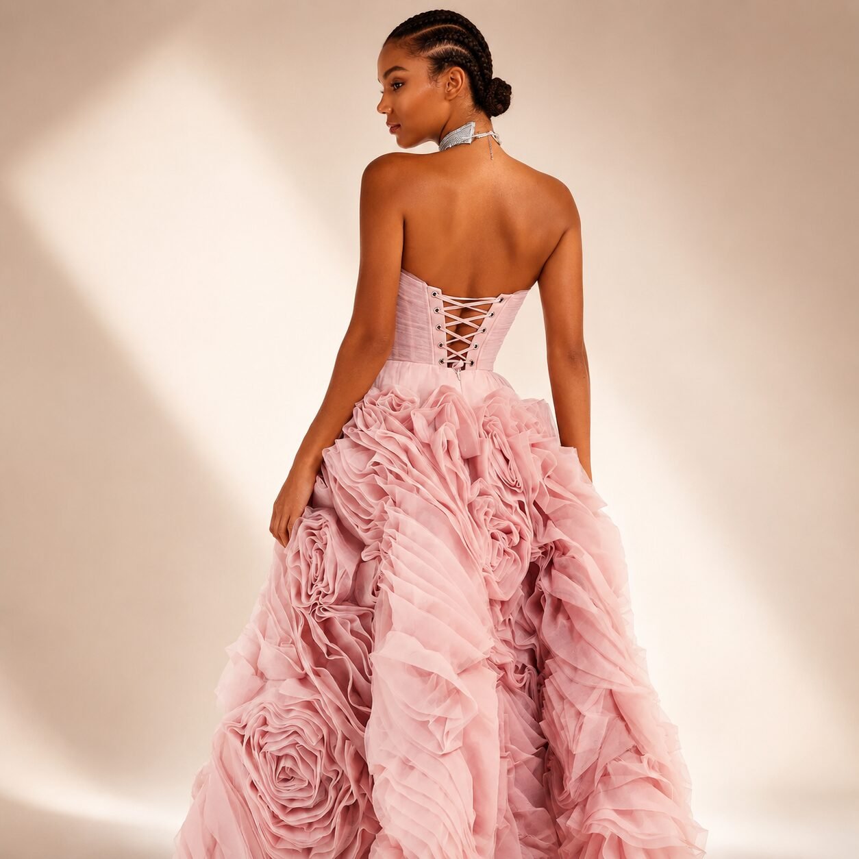 Pink Strapless Tiered Chiffon Ball Gown