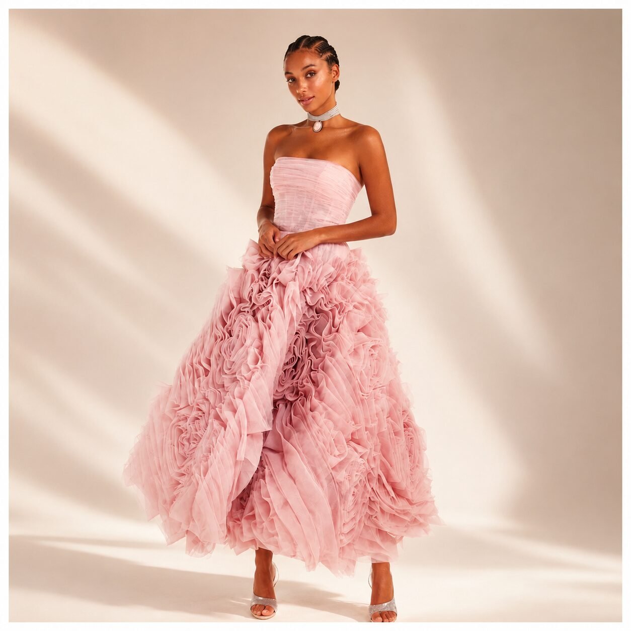 Pink Strapless Tiered Chiffon Ball Gown
