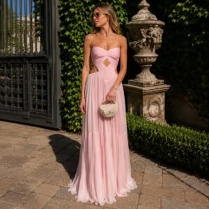 Pink Sweetheart Chiffon A-Line Evening Gown