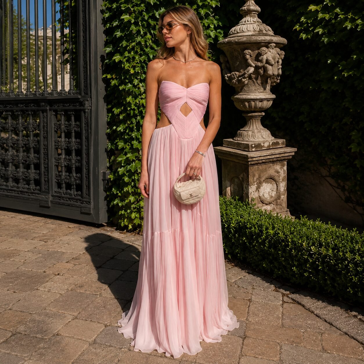 Pink Sweetheart Chiffon A-Line Evening Gown